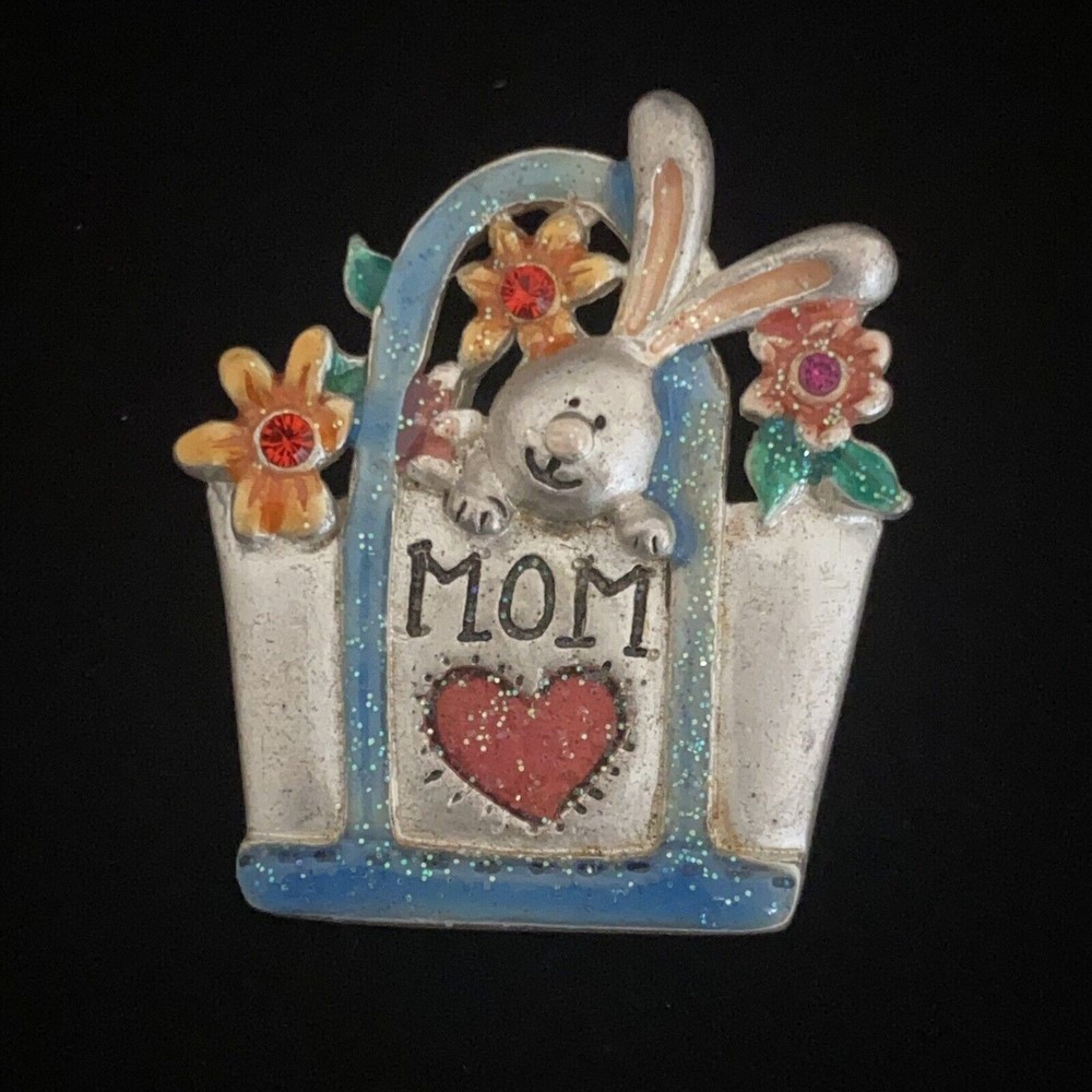 AJMC Vintage Brooch Pin Mom White Rabbit Red Heart Flower Basket Bag Rhinestones